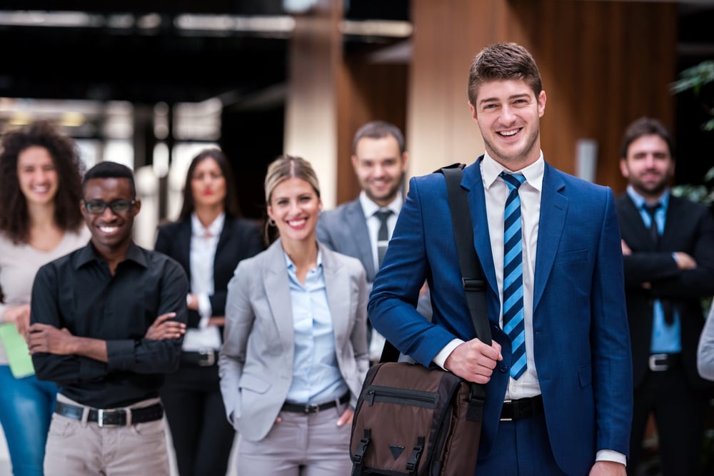 young multi ethnic business people group walking standing and top view