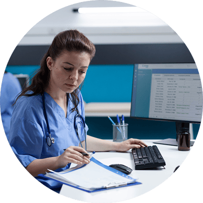 nurse on computer - circle
